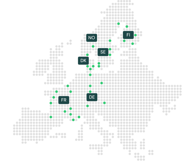 Kart over europa som viser at Metesa har partnernettverk i Norge, Sverige, Danmark, Finnland, Tyskland og Frankrike