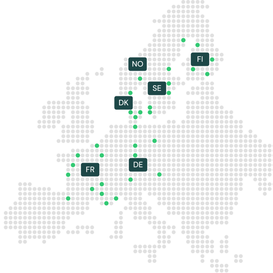 Map of Europe showing Metesa's partner network in Norway, Sweden, Denmark, Finland, Germany, and France